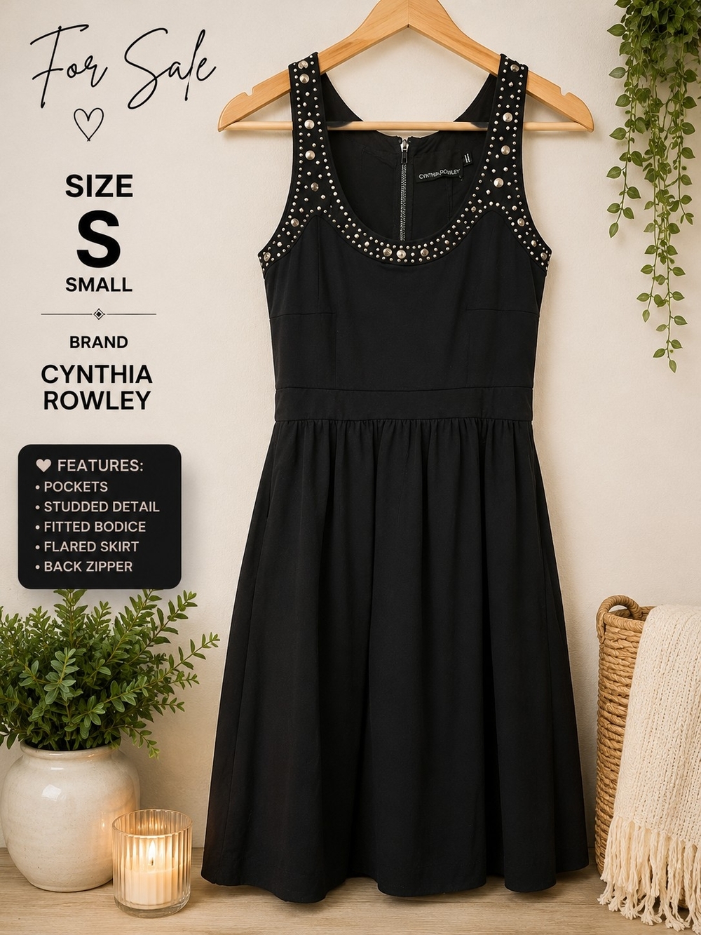Cynthia Rowley Black Studded Sleeveless Fit-and-Flare Dress
